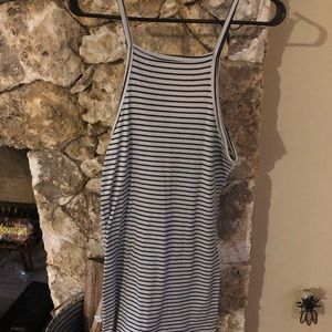 High neck cream and black striped dress